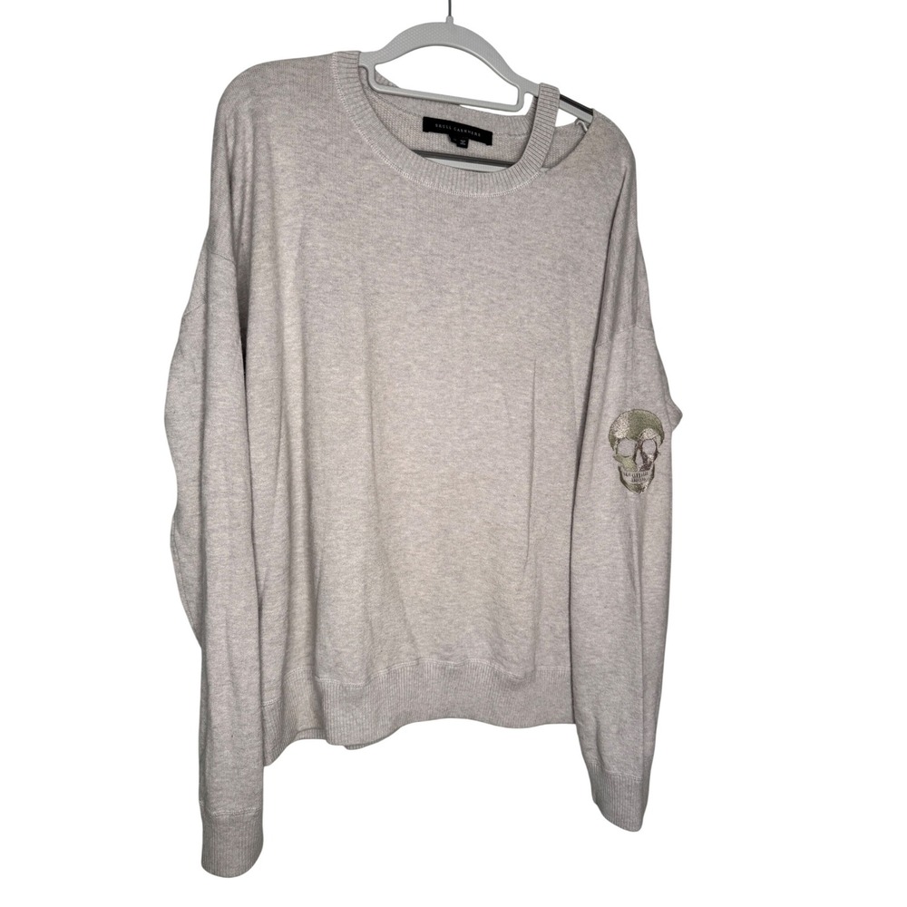 Skull Cashmere grey skull embroidered one cold shoulder cashmere‎ blend sweater